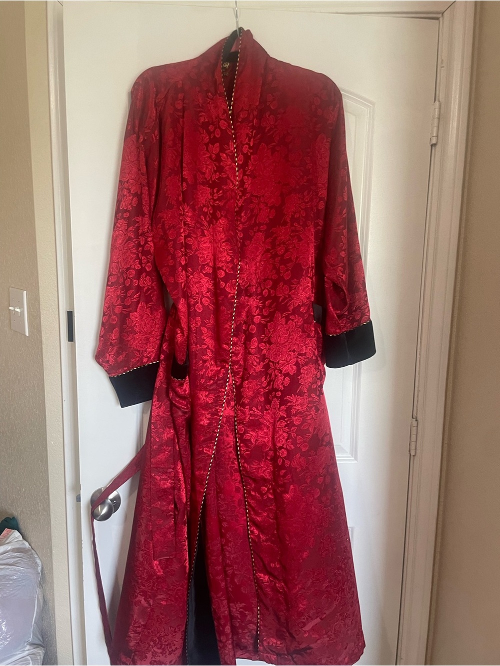 Red Satin Wrap Robe with Black Shawl Collar